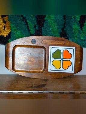 Vintage MCM Wood Serving Tray w Ceramic Clover Tile Made in Japan Retro Barware